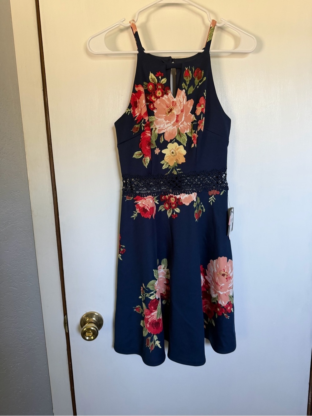 I.N. San Francisco Navy Floral Midi Dress with Pink & Red Blooms